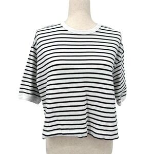 MADEWELL Women's XS Black & White Striped Cotton Crewneck Oversized Crop T-Shirt